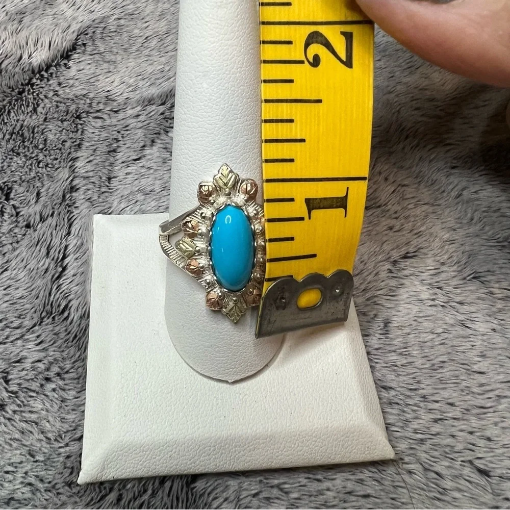 Black Hills Gold Sterling Silver Turquoise Leaves Ring Size 10